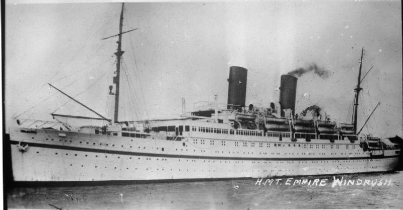 A black and white photograph of the ship the Empire Windrush