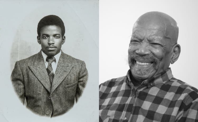 Two black and white photos side to side. One is a young man and the other an elderly man